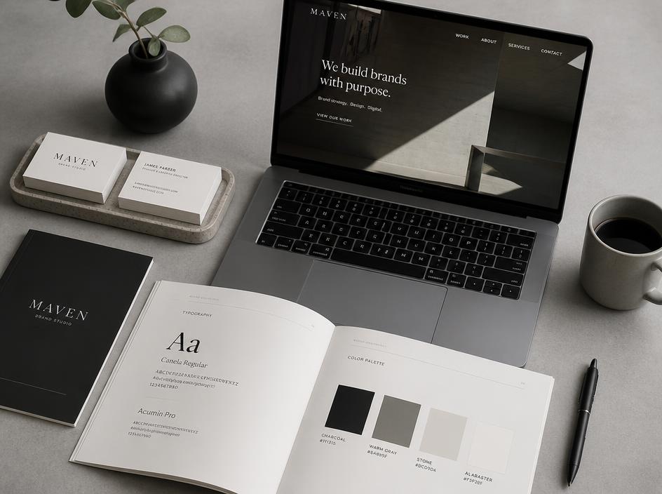 Brand guidelines, print collateral and a website design on a studio desk